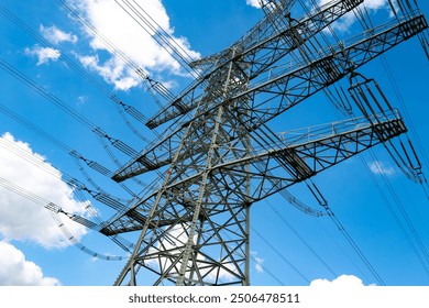 Transmission technology. Smart grid. Transmission energy. High power electricity pylon. High voltage tower with electricity transmission power lines. Energy industry. High power transmission pylon.