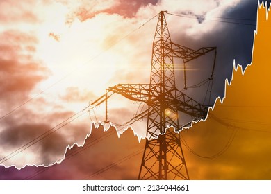 Transmission tower and raising sparkline chart representing electricity prices rise during global energy crisis. - Shutterstock ID 2134044661
