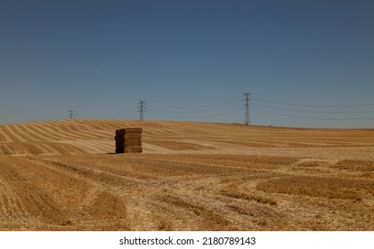 Transmission Towers On Wheat Field Against Blue Sky. Castilla Y Leon, Spain