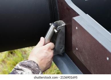 Transom Wheels Fastening Installation On The Inflatable Motor Boat Transom Close Up