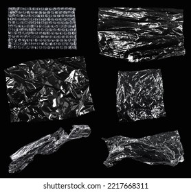 Transparencies. Transparent plastic film texture isolated on black background. Set of plastic packaging materials textures