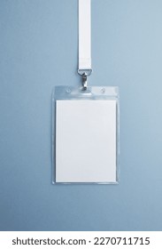Transparent badge mockup isolated on blue background. Plain empt