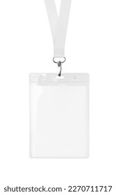 Transparent badge mockup isolated on white background. Plain empty name tag mock up with white string.