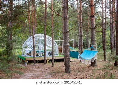 Transparent Bell Tent With Comfortable Bed And Pillow In Forest, Glamping Hotel, Luxury Travel, Glamourous Camping With Amenities, Dome Tent, Feel At Home In Great Outdoors Lifestyle, Selective Focus