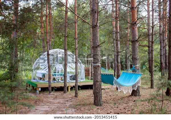 Transparent bell tent with comfortable bed and\
pillow in forest, glamping hotel, luxury travel, glamourous camping\
with amenities, dome tent, feel at home in great outdoors\
lifestyle, selective\
focus