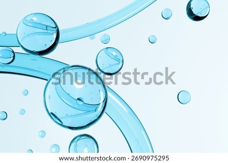 Transparent blue bubbles floating in clear liquid with soft light reflections. Abstract 3D background symbolizing purity, freshness, and clean water in a minimal modern design.