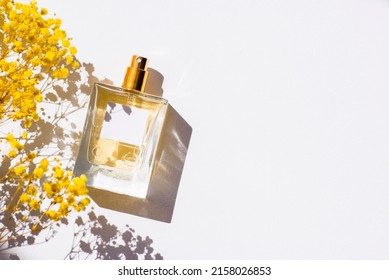 Transparent bottle of perfume with label on white background. Fragrance presentation with daylight. Trending concept in natural materials with yellow field flowers. Women's and men's essence.