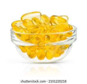 Transparent Bowl Of Omega 3 Soft Gel Capsules Isolated With Clipping Path.