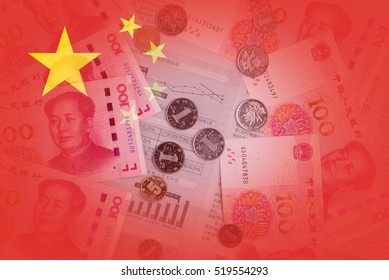 Transparent Chinese Flag With Newspaper Covered By Money In Background. Symbolizes Volatile Chinese Economy