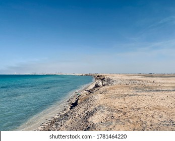 Transparent Clear Flat Water In Red Sea. Coast Of Saudi Arabia In Jeddah. Sand Aside. No Nature Around. 