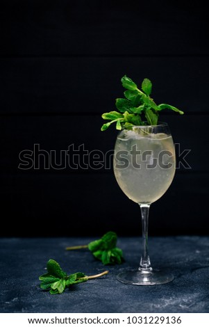 Transparent coctail with mint on dark table