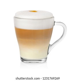 Transparent cup with cappuccino coffe and milk foam isolated on white background