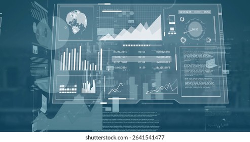 Transparent digital dashboard interface floating in office window, with bar charts and world map. Futuristic, technology, analytics, visualization, urban, sleek, data - Powered by Shutterstock - Get 15% off with code: PIKWIZARD15