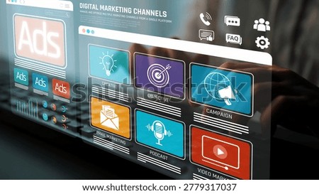 Transparent digital interface displaying various marketing channels and tools, including ads, creative strategies, email marketing, podcasts, and campaign management options Sigmoid