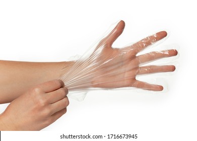 Transparent Disposable Plastic Gloves For Shopping At Store Or Cooking On Hand, Isolated On White Background.