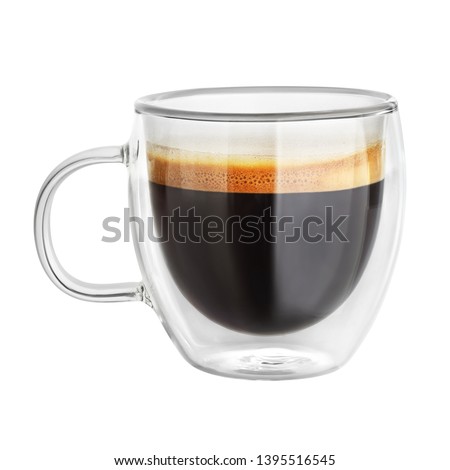Transparent double wall glass mug with espresso coffee isolated on white background