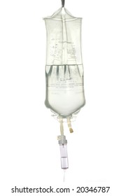 A transparent drip bag and tubing against a white background.