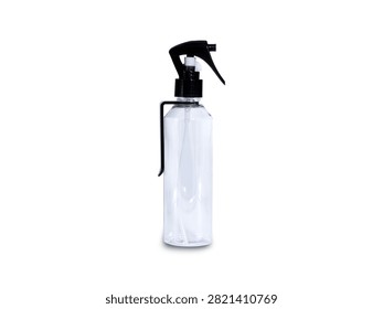 Transparent empty plastic spray bottle with a black trigger sprayer isolated on a white background. A reusable fine mist spray bottle suitable for barbershops, hair salons, cleaning solutions, gardening, cosmetic products, and household use. Minimal product mockup with copy space.
