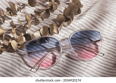 Transparent frame gradient sunglasses   golden eucalyptus are gray striped cotton fabric