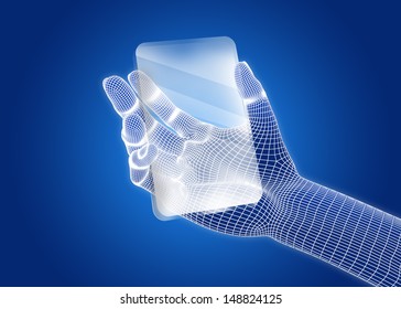 Transparent Future Mobile Phone In Hands. Concept. 