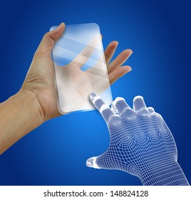 Transparent Future Mobile Phone In Hands. Concept. 