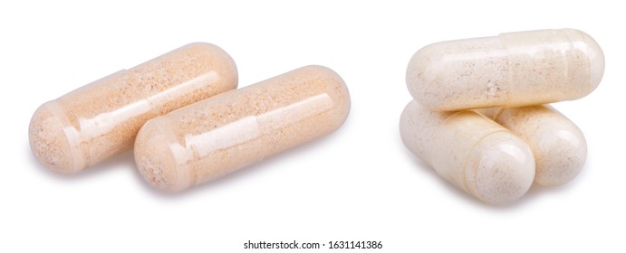 Transparent gelatine capsules with powder, isolated on white background with clipping path. Pharmaceutical concept.