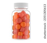 Transparent glass bottle filled with orange vitamin fiber gummies, healthy vitamin bottle without label