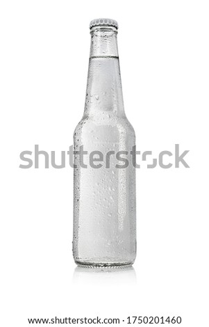 Transparent glass bottle with still, spring or mineral water without label isolated on white background.