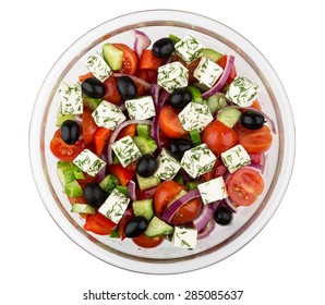 Transparent Glass Bowl With Greek Salad Isolated On White Background, Top View