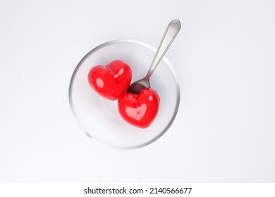 Transparent Glass Bowl Spoon With Three Dimension 3d Red Hart Shape Symbol Inside On White Background Copy Text Space Top View