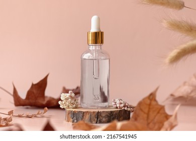 Transparent glass cosmetic dropper bottle standing on wooden disk with dry flowers and leaves on beige background. Autumn composition. Concept of natural and organic skincare products presentation - Powered by Shutterstock