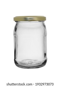 Transparent Glass Jar, Closed With A Metal Lid, On A White Background, Close-up