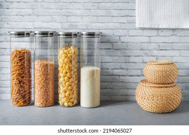 Transparent Glass Jars For Storage Of Cereals, Rice, Pasta, Zero Waste Kitchen, Cozy Kitchen Area