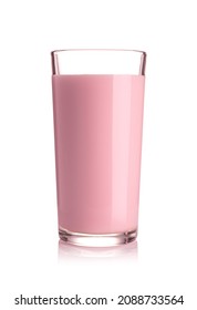 Transparent glass of strawberry milkshake isolated on white background