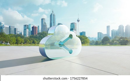 Transparent Glass Symbol Of Cloud With Data Share Icon On Floor With Green City Background. Mixed Media