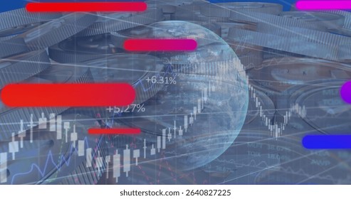 Transparent globe connecting containers, candlestick charts, % markers, color bars in digital scene. Globalization, logistics, finance, data visualization, industrial, technology, economic