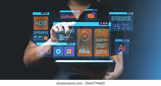Transparent interface with analytics and ads, vibrant graphic style, on a dark background. Represents technology, digital data, and innovation
