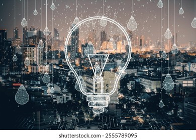 Transparent lightbulb overlay with binary code and light drop patterns over a city skyline at night. Symbolizing innovation and technology - Powered by Shutterstock