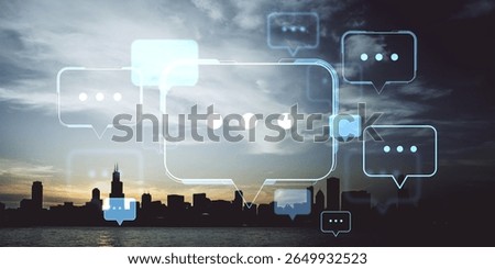 Transparent message icons and speech bubbles over a cityscape at sunset, symbolizing digital communication and online social interaction