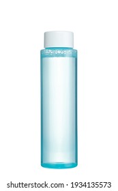 Transparent Micellar Water. Makeup Cleanser For Face Skin.
Plastic Bottle With Blue Liquid Inside, Isolated On White Background.
