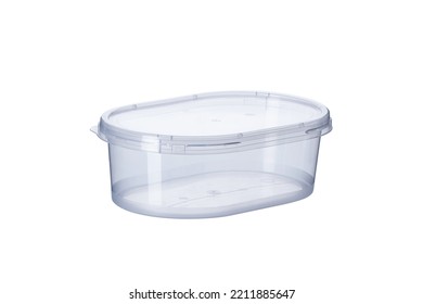 transparent oval container with transparent lid - 1000 ml, plastic containers on white background , food plastic box isolated on white, product packaging for foodstuff or paints, adhesives, primers