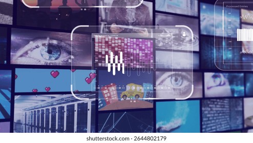 Transparent overlay projecting graph in data center display showing eye heart icons and code panels. Technology, data, visualization, analytics, digital, monitoring, interface