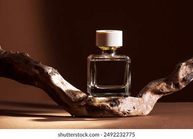 Transparent perfume bottle with aged weathered wooden branch on brown background. - Powered by Shutterstock