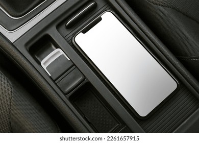 Transparent phone screen JPG mockup, car wireless charging technology