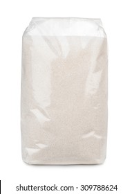 Transparent plastic bag of sugar isolated on white