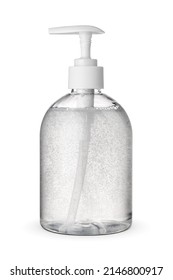 Transparent plastic bottle with liquid hand soap. Dispenser lid, isolated on white background.