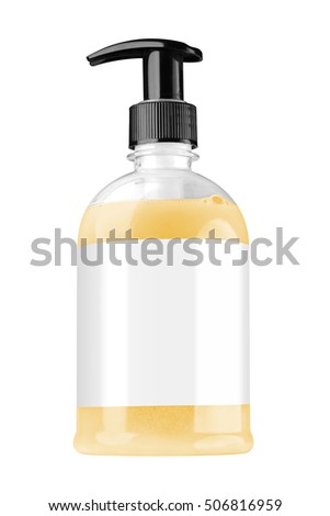 Transparent plastic bottle with yellow liquid hand soap, blank label and black dispenser lid, isolated on white background