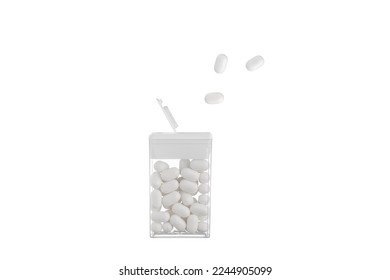 Transparent plastic box with white candies on a white background.