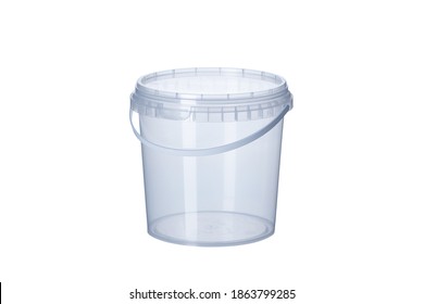 Transparent plastic bucket with transparent lid - 1000 ml, plastic containers on white background- , food plastic box isolated on white, product packaging for foodstuff or paints, adhesives, primers