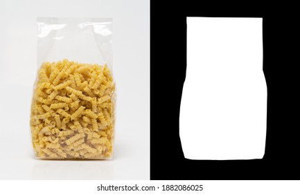 Transparent Plastic Pasta Bag Busiate On White Background. With Alpha Channel